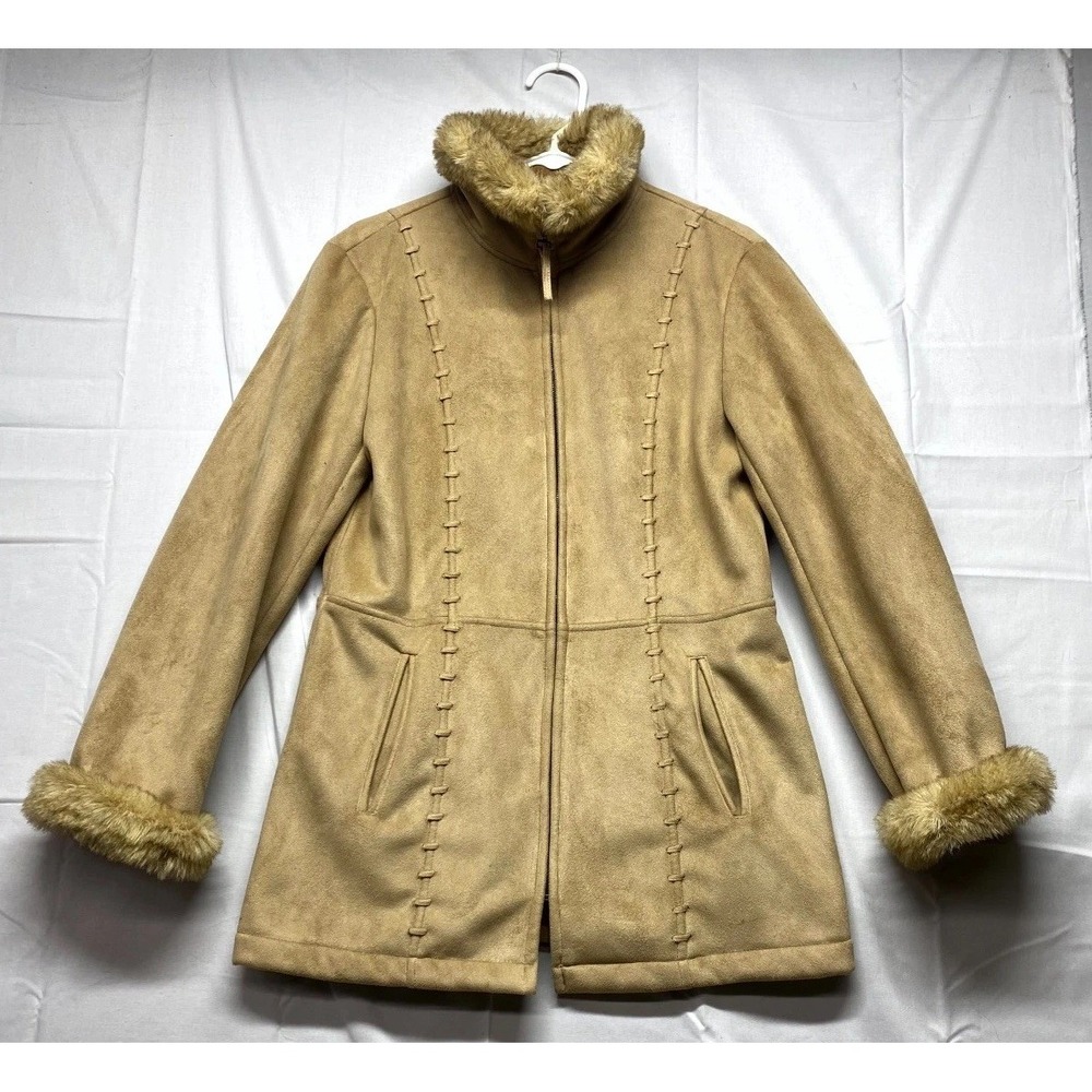 Nautica Jacket Womens Medium Tan Suede Faux Fur Collar Cuffs Winter Full Zip